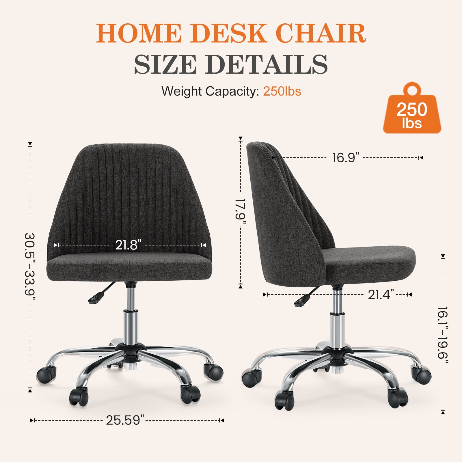 MAYEERTY Armless Office Desk Chair Height Adjustable ,Mid Back Accent Chair, Dark Grey