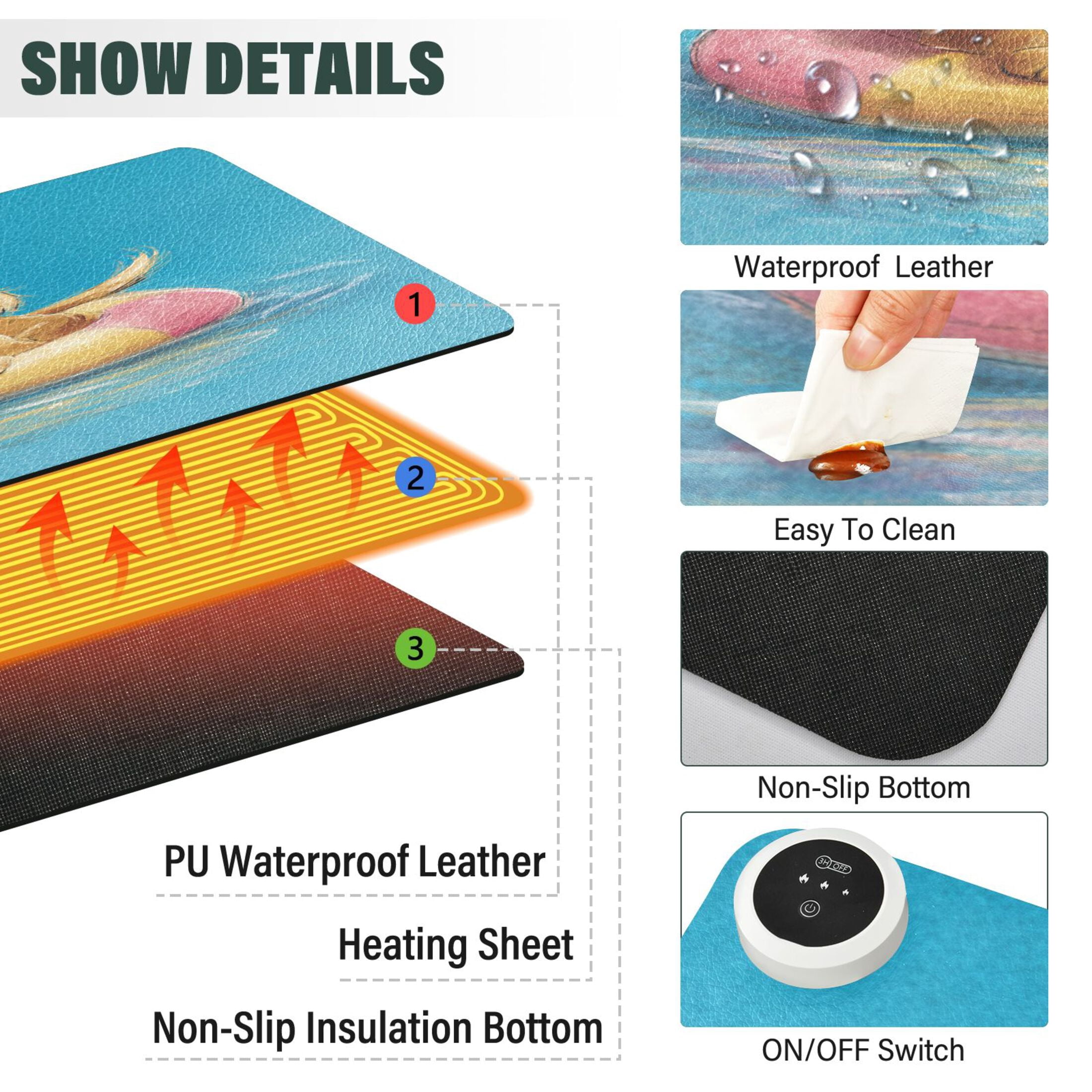 Large Heated Desk Mat Mouse Pad 31.5"x13"PU Leather Graphene Heating Desk Warmer with 3 Temperature Settings 110V US Plug Non-Slip Warm Pad for Home, Office, and Gaming Cheerful Watercolor Pool Pup