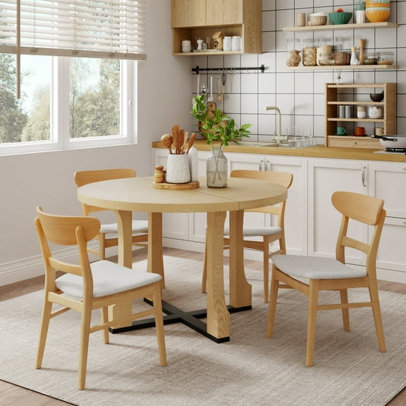 GDF Studio Farmhouse 5-Piece Dining Set, 48" Round Table with 4 Upholstered Chairs, Solid Wood Frame, Light Beige Natural OAK