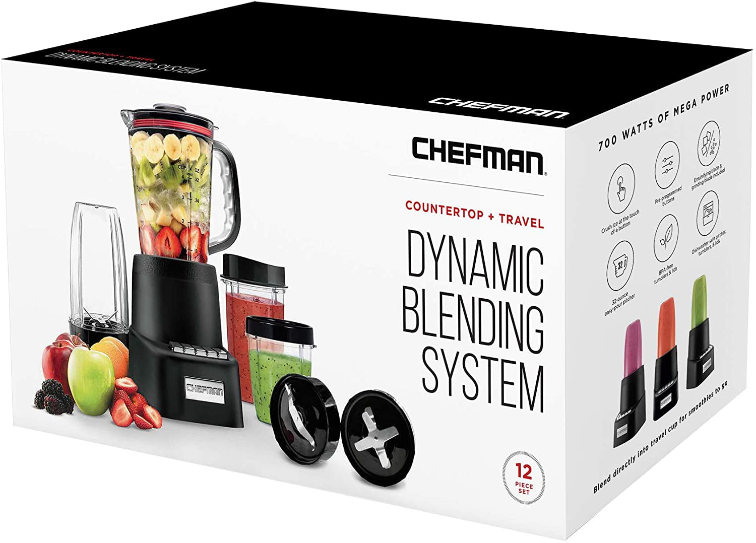 Chefman Countertop + Travel Dynamic Blending System 12-Piece Set, 3  Programmed Speeds & Pulse, Easy Ice Crushing for Shakes & Smoothies, 