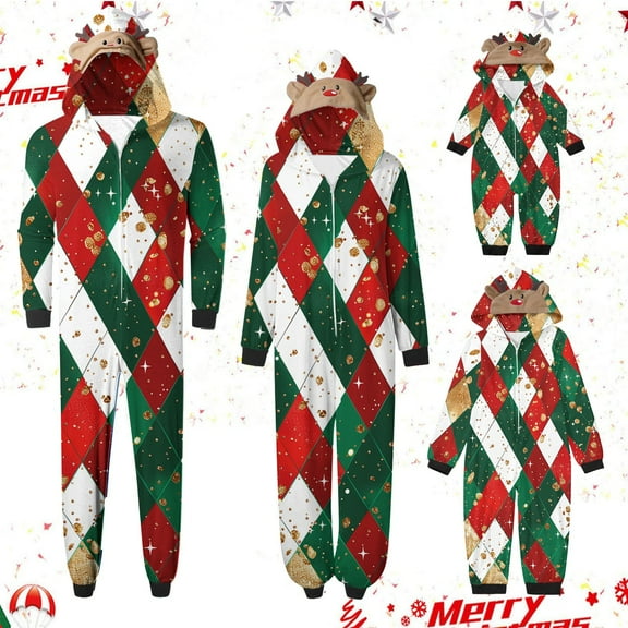 Odeerbi Christmas Onesie Pajamas for Family Holiday Sleep Jumpsuit Long Sleeve Family Christmas Pajamas Matching Sets Dad Parent Child Outfit Printed Loungewear Sleepwear Xmas PJs Set Red