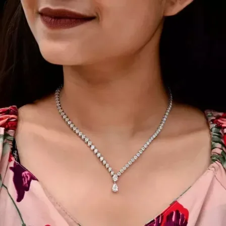 20Ct Pear Cut Lab Created Diamond Women,s Tennis Necklace Length 18 in14K White Gold Plated