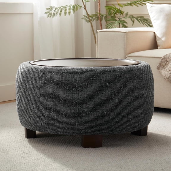 VKNOW 30" Round Ottoman with Storage, Modern Upholstered Ottoman Coffee Table with Removable Wood Top and Solid Wood Legs for Living Room, Bedroom, Apartments,Black