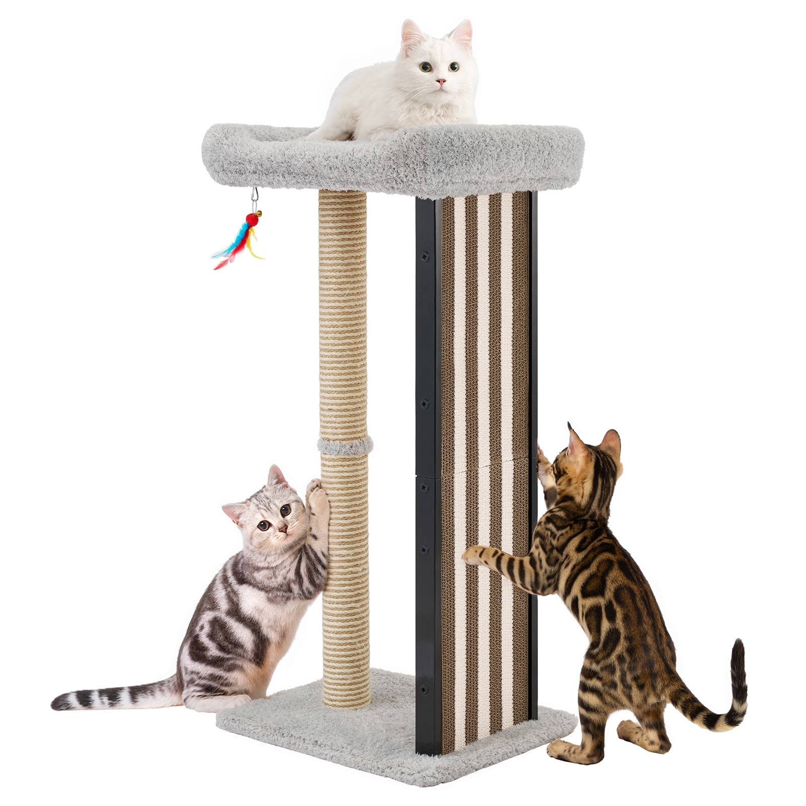 Veehoo 35" Tall Cat Scratching Post for Indoor Cats Adult, Sturdy Cat Scratch Pad with Replaceable Metal Frame Scratching Board, Large Scratch Post with Plush Top Bed