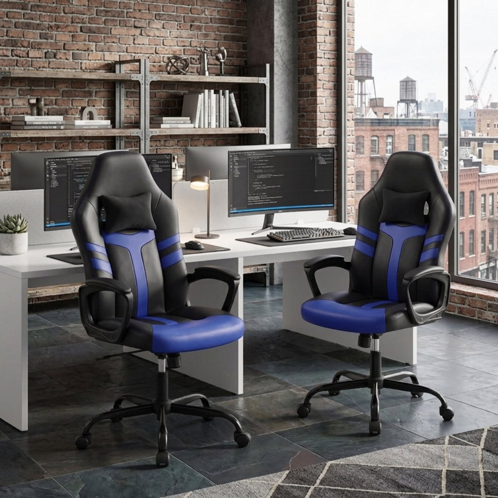 Furnibear Faux Leather Office Chair with Removable Head Pillow, Ergonomic High Back Rocking Desk Chair with Padded Armrest and Casters, Blue