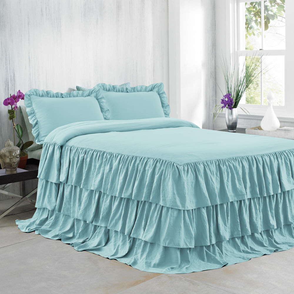 Hig 3 Piece Ruffle Skirt Bedspread Set Queen Navy Color 30 Inches Drop Ruffled Style Bed Skirt Coverlets Bedspreads Dust Ruffles 2 Standard Shams Emma Bedding Collections Queen Size 1 Bedspread Bedding Sets