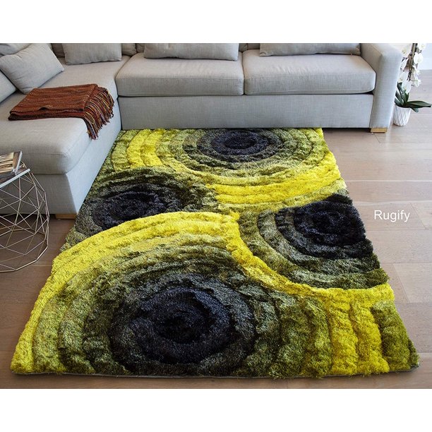 8'x10' Feet Yellow Black Gray Grey Colors Shag Shaggy 3D Fluffy Fuzzy Furry Flokati Area Rug