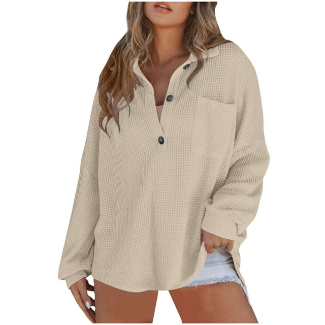 cfhntfmh Womens Oversized Sweater Loose V Neck Buttons Knit Long Sleeve Shirts Solid Color Pullovers with Pockets