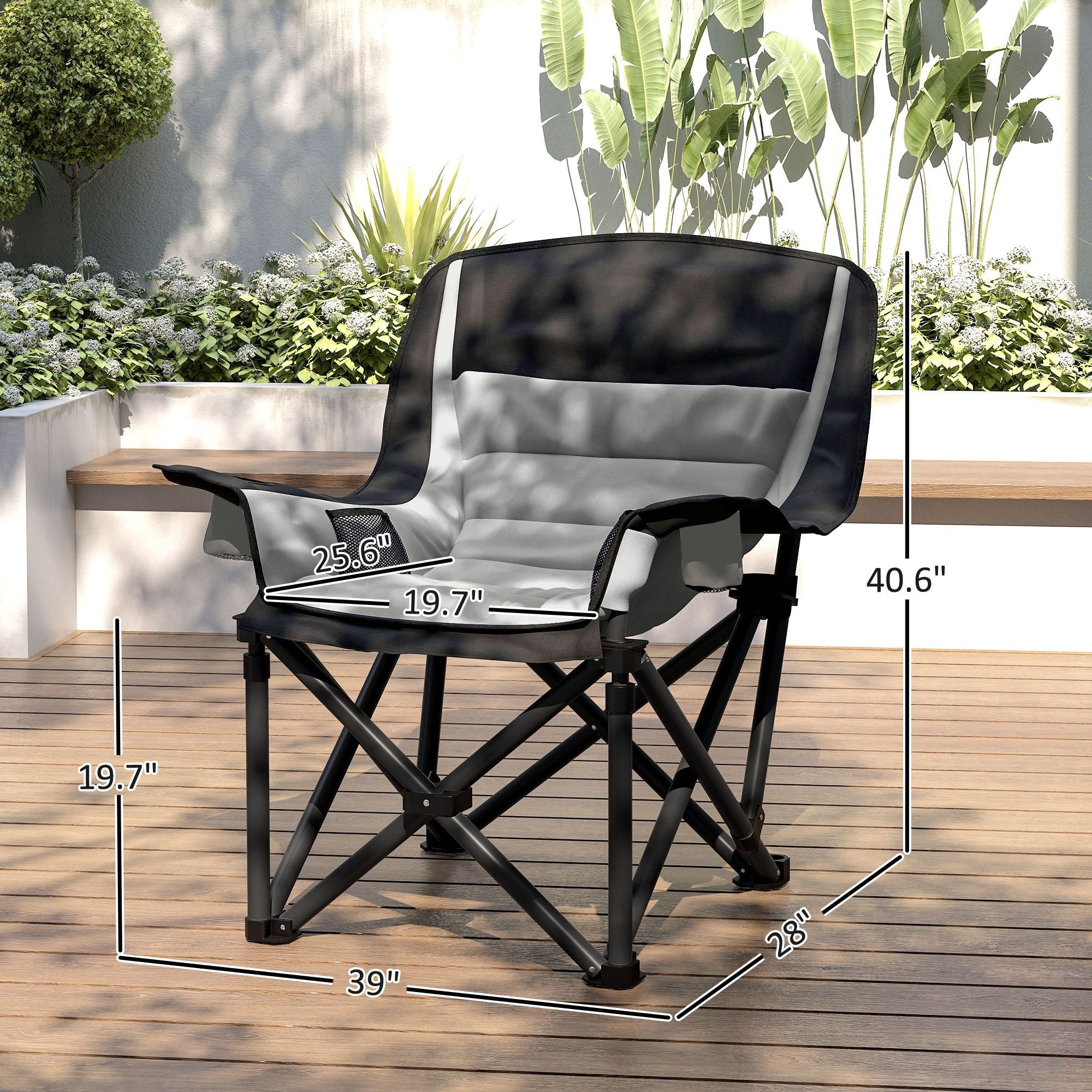 Padded Folding Camping Chair with Side Pockets & 2 Cup Holders, 600D Oxford Heavy Duty Metal Frame Portable Lawn Fishing Chair 265lbs Capacity with Carry Bag