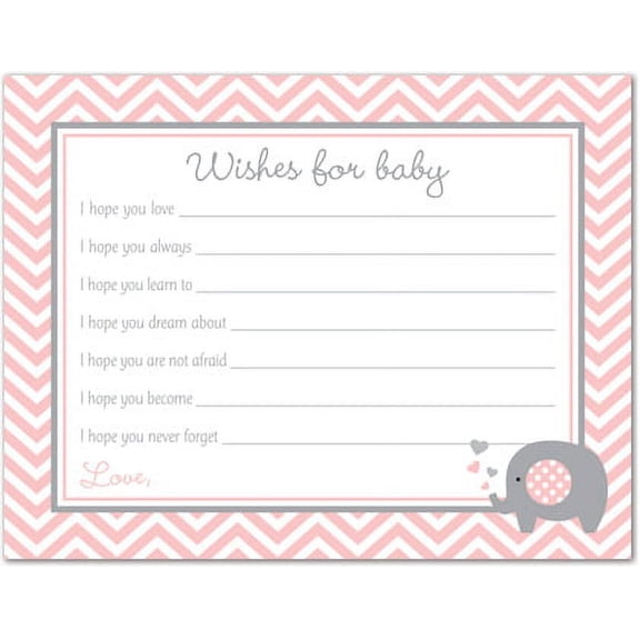 Pink Elephant Baby Shower Wishes for Baby Cards - 48 count