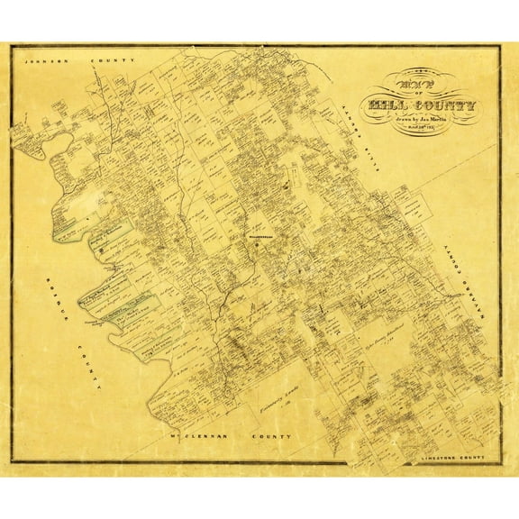 Historic County Map - Hill County Texas - Martin 1857 - 27.42 x 23 - Vintage Wall Art