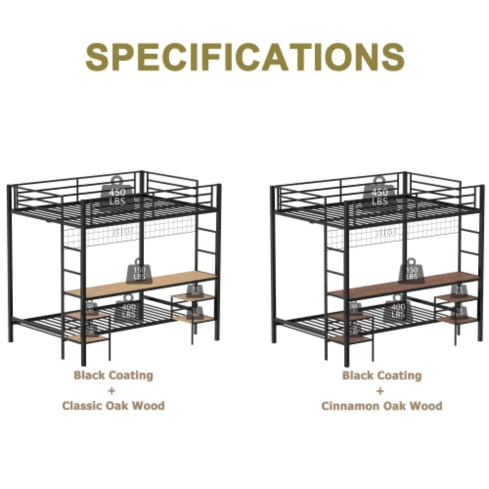Full Over Twin Bunk Bed with Desk, Charging Station, Storage Shelves, Wire Mesh Panel & Hooks, Guardrails, Stairs, Black & Brown