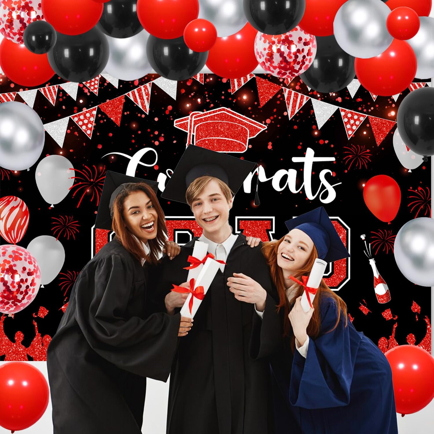 Congnats Grad Theme Party Decorations, Red and Black Graduation Party Decorations 2024 with Red Black Balloon Arch Garland kit, Graduation theme backdrop for Graduation Decor Birthday Anniversary