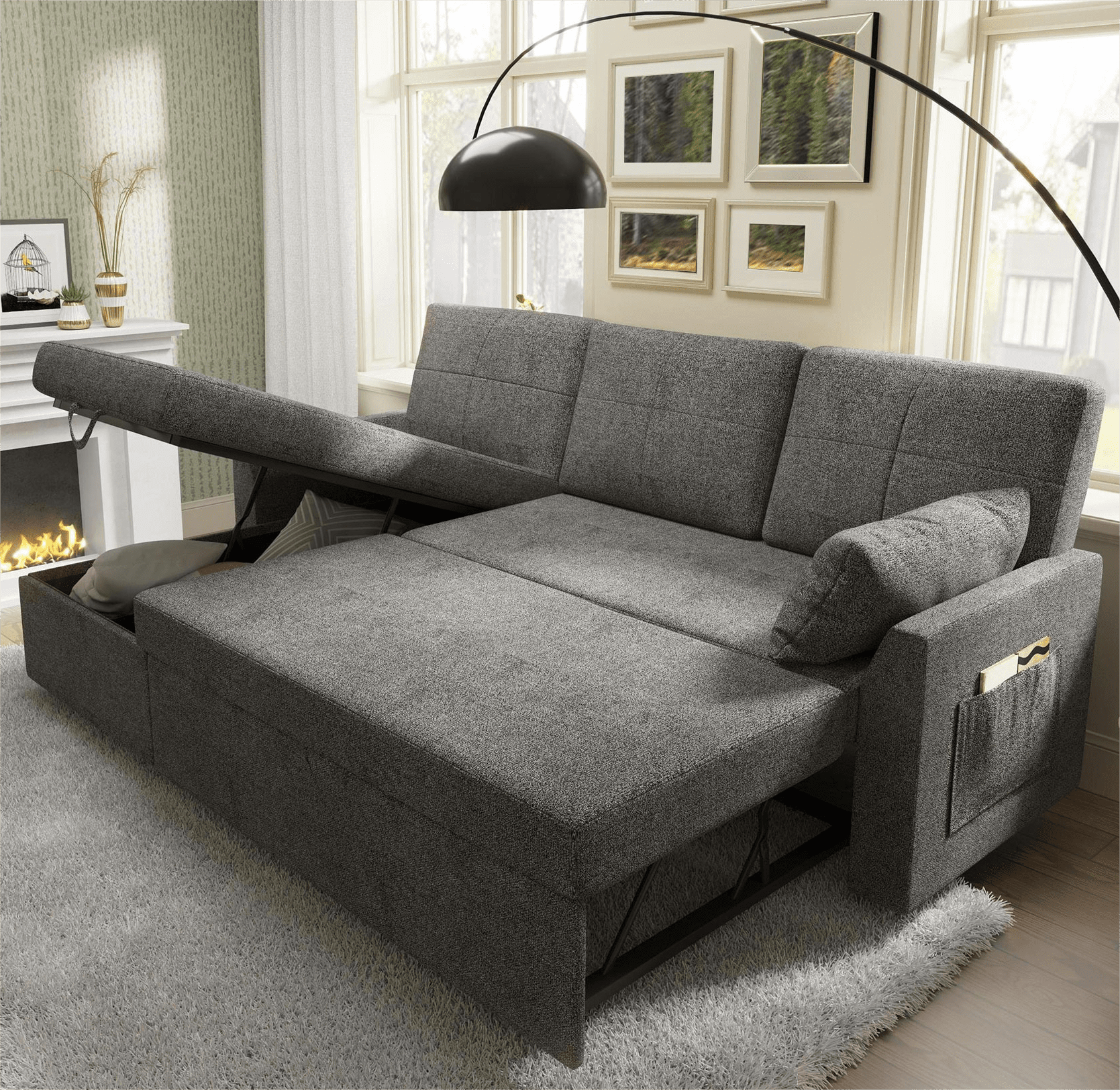 VANACC Sleeper Sofa Bed 2 in 1 Pull Out with Storage Chaise for Living Room, , Grey Chenille Couch
