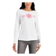 KAREN SCOTT Womens White Glitter Ribbed Snowflake Graphic Long Sleeve Scoop Neck Holiday Top L