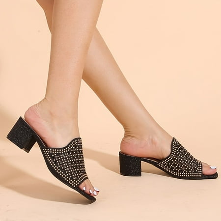 

Rhinestone Decor Chunky Heel Slide Sandals For Women Open Toe Party Sandals Outer Wear Women s Slippers