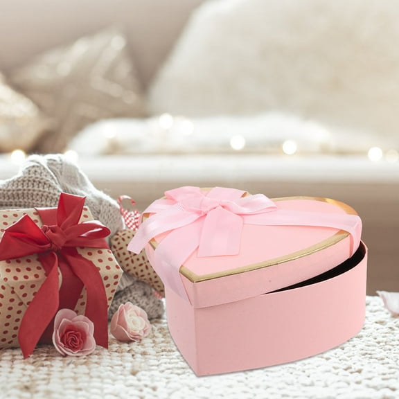 DINHEAROM Heart Shape Box Pink Cardboard Birthday Present Box For Couples 5.9x5.6x2.4in 1Set