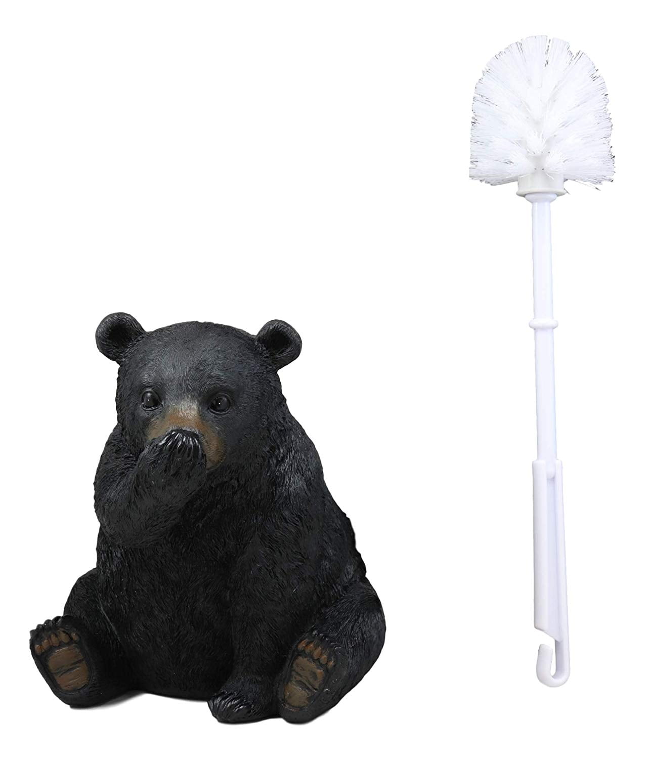 Rustic Whimsical Black Bear Covering Nose Toilet Brush And Holder Figurine Set
