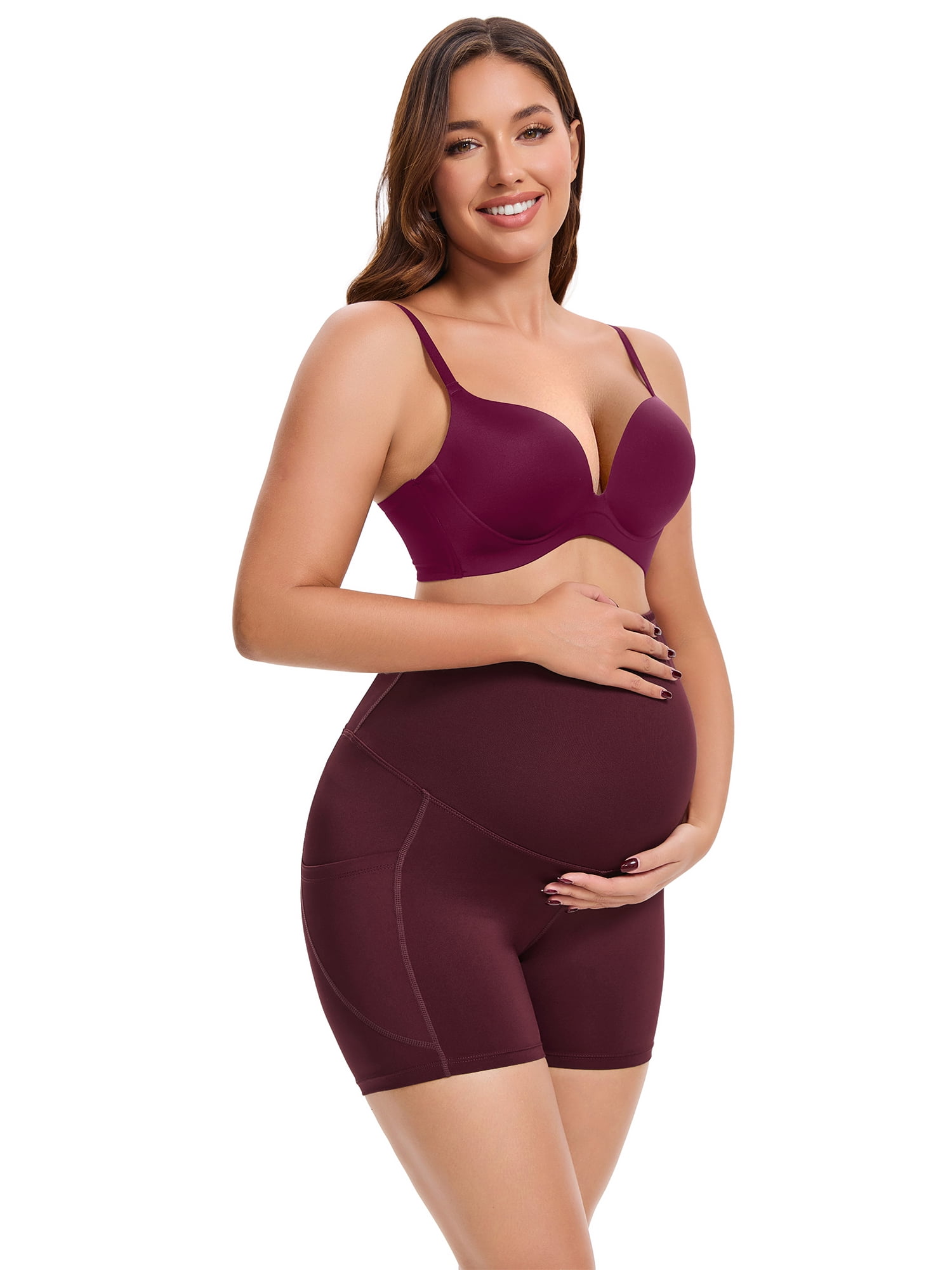 DARING DIVA Women's Maternity Mid Thigh Belly Support High Waist Shorts S Red
