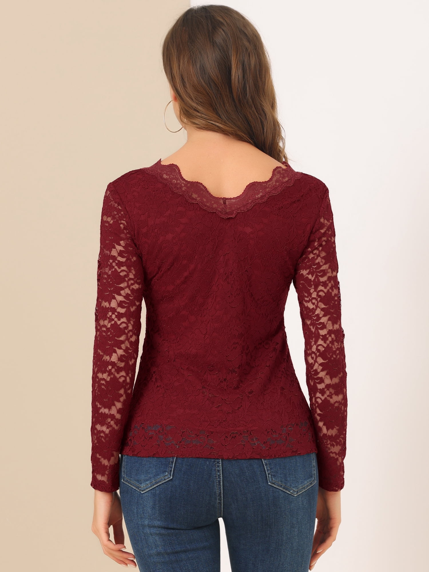 DARING DIVA Floral Lace Shirt Lace Scalloped Trim Blouse S Burgundy