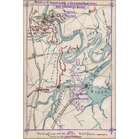 24"x36" Gallery Poster, Map Bermuda Hundred Drewrys Bluff Virginia 1864