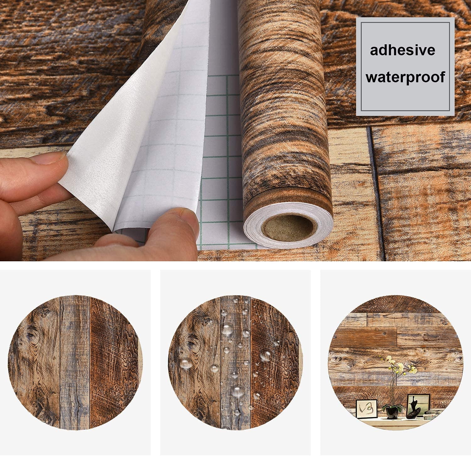 Caltero Peel and Stick Wallpaper Brown Wood Grain Wallpaper Self-Adhesive Contact Paper 17.72 in x 32.81 ft
