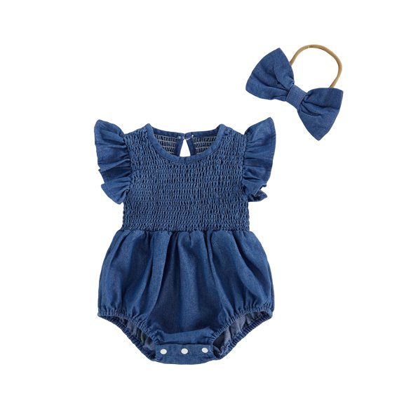 RUINIXCW Newborn Baby Girl Denim Bubble Romper One Piece Western Cowgirl Outfit Cute Infant Baby Girls Summer Clothes Fly Sleeve Smocked Jeans Bodysuit Jumpsuit Playsuit Headband