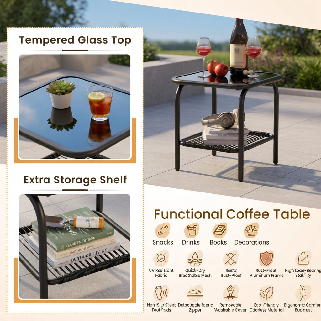 Hommoo 3-Piece PE Rattan Outdoor Bistro Set, Cushions, Black Wicker, Tempered Glass Coffee Table for Patio, Yard & Poolside, Beige