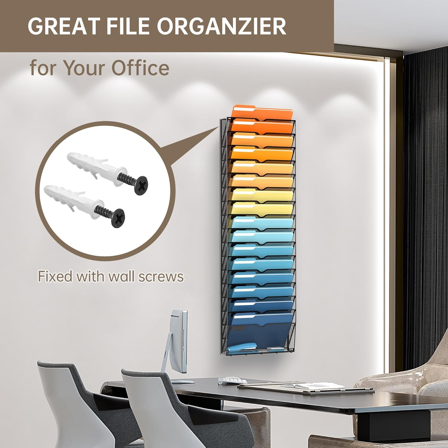INTIGE 17-Tier Wall Mounted File Folder Rack with Hooks, Mesh Magazine Organizer, Black