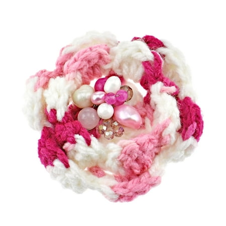 Handmade Pink and White Crochet Flower with Pearl Stone and Crystal Brooch Pin