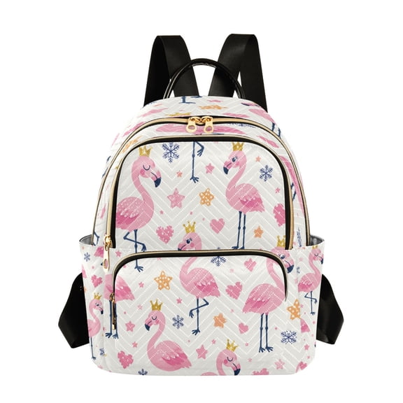 Qxltty Quilted Backpack for Women, Crown Flamingo Travel Daypack with Front Pocket for Casual Daily Use