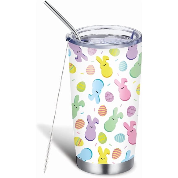 Easter Tumbler with Lid and Straw Easter Egg Bunny Stainless Steel Cup Colorful Rabbit Pastel Tumbler Cup Travel Coffee Mug for Easter Spring Decor Gift Supplies