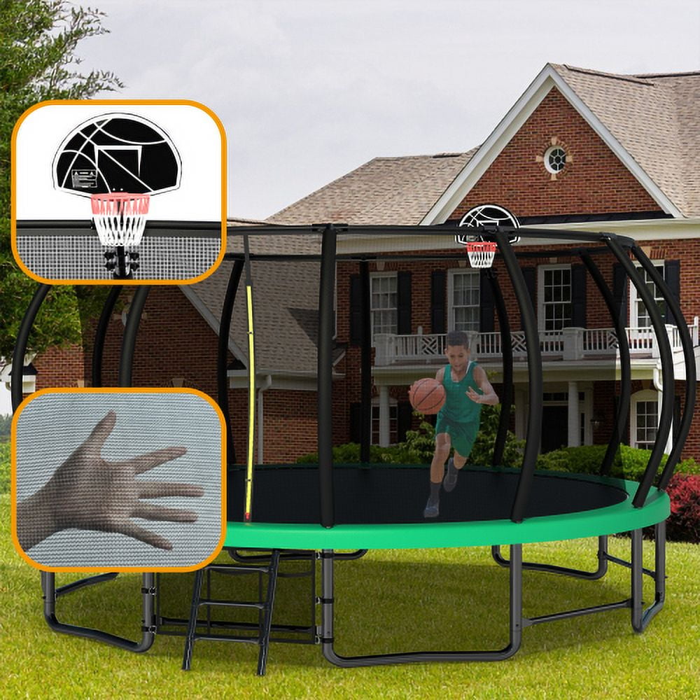 16FT Trampoline for Kids and Adults,Outdoor Pumpkin Trampolines with Curved Poles,Heavy Duty Trampoline with Ladder and Basketball Hoop,Green