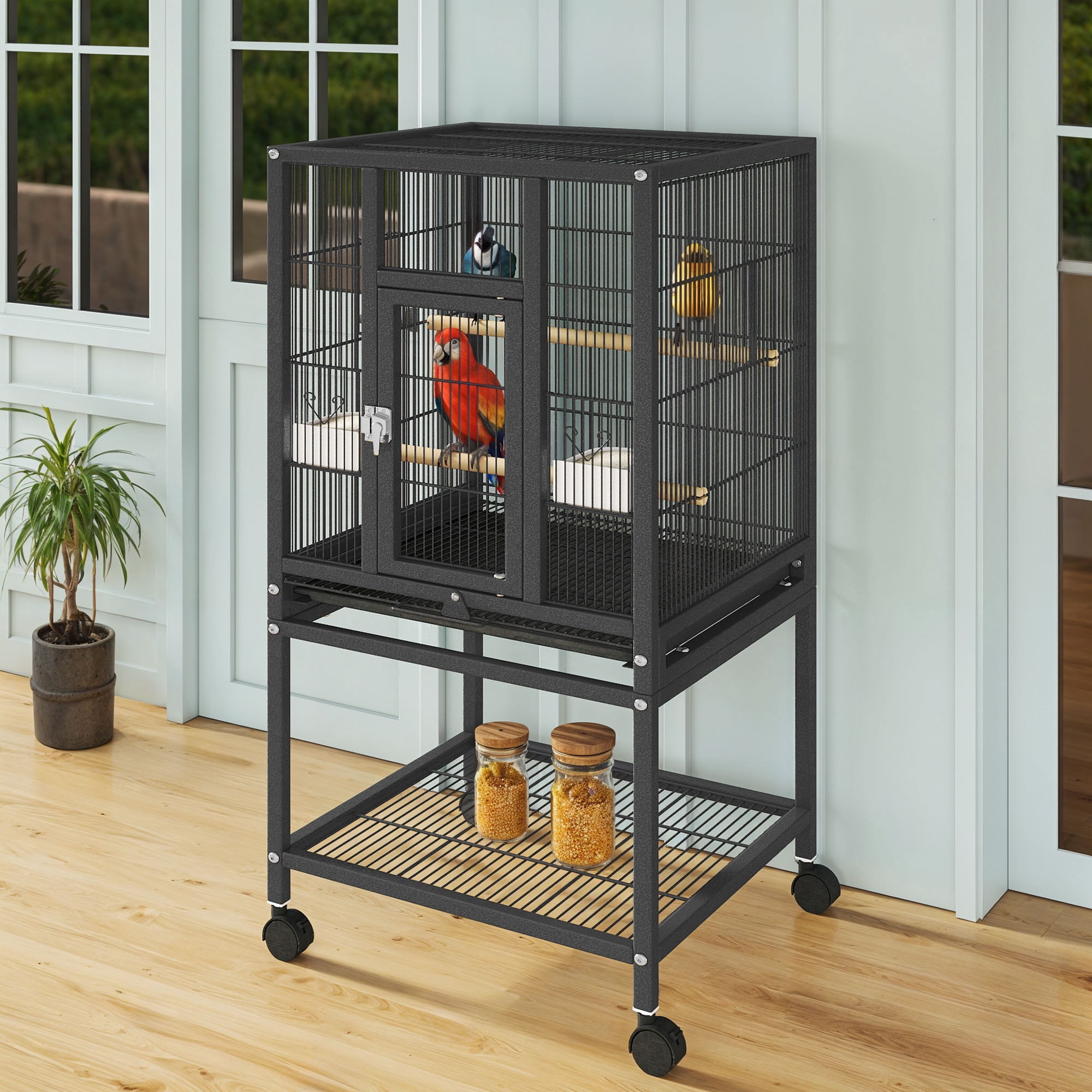 Uforic 41" Metal Bird cage  with Rolling Stand, Tray, 2 Perches and 2 Feeders, Black