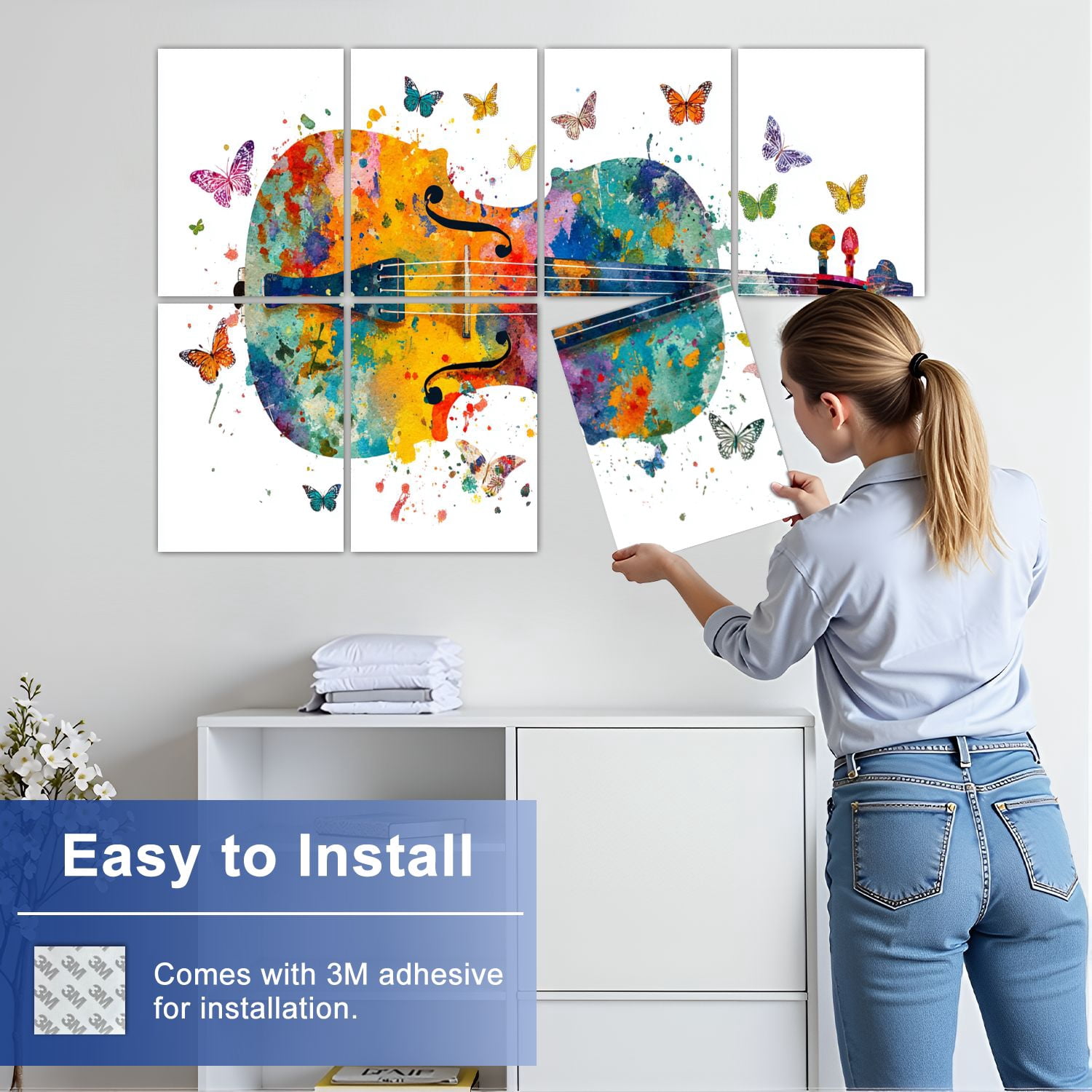 8 Pack Art Acoustic Panels Sound Absorbing Colorful Violin Butterflies Vibrant Colorful Butterfly Violin Musical Decorative Soundproof Wall Panels Self Adhesive for Nursery Game Room Bedroom 48"x32"