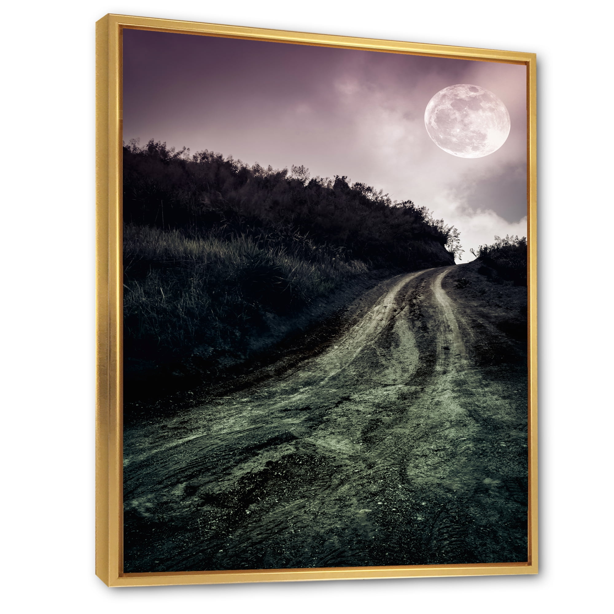 Designart 'Countryside Muddy Road Under Full Moon' Modern Framed Canvas Wall Art Print