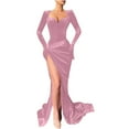 thumbnail image 2 of DailyTrove Women's High-Slit Evening Gown-Long Sleeve-Floor-Length-Satin-for Gala/Wedding-Dramatic Slit, 2 of 6