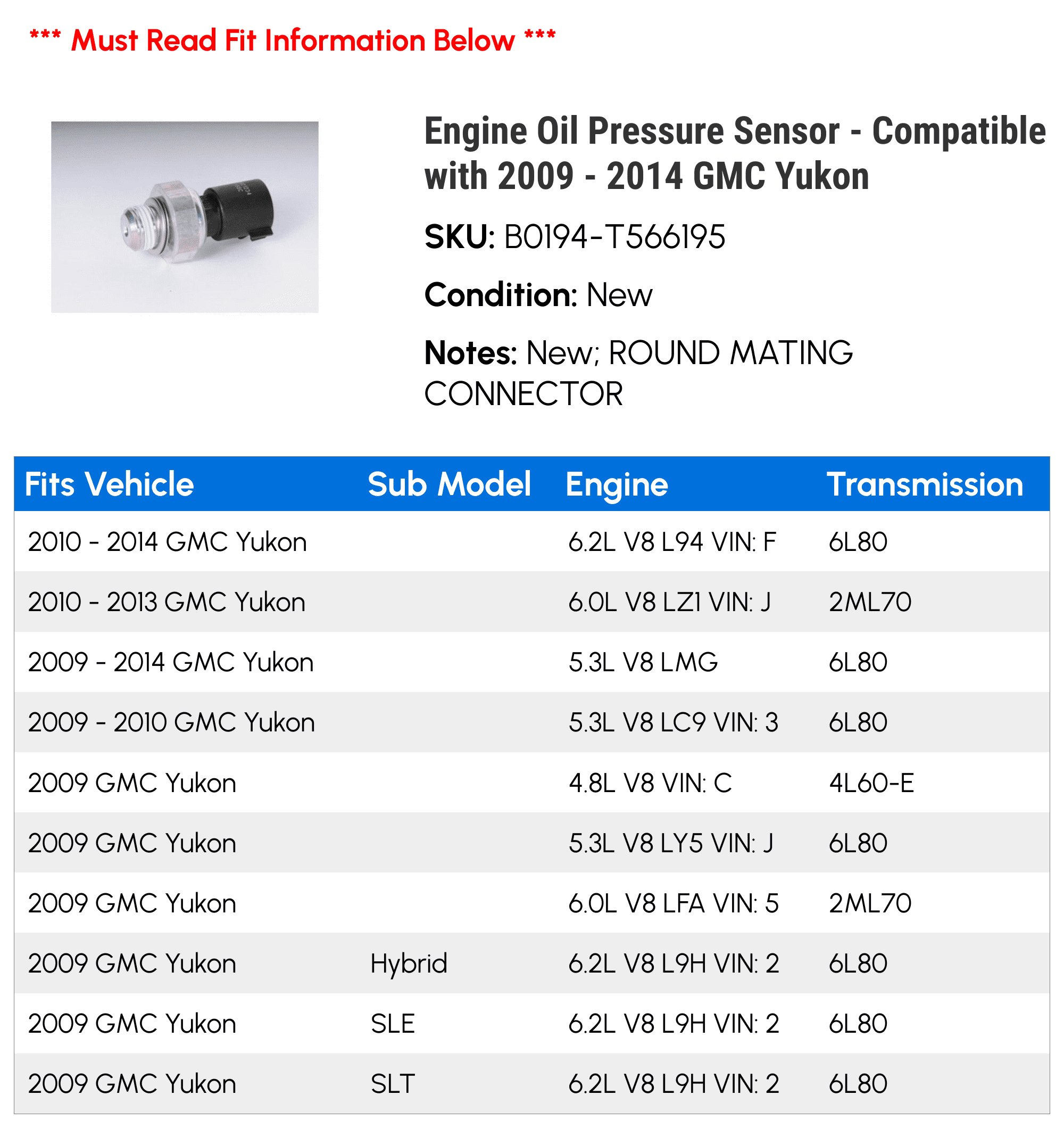 Engine Oil Pressure Sensor - Compatible with 2009 - 2014 GMC Yukon 2010 2011 2012 2013