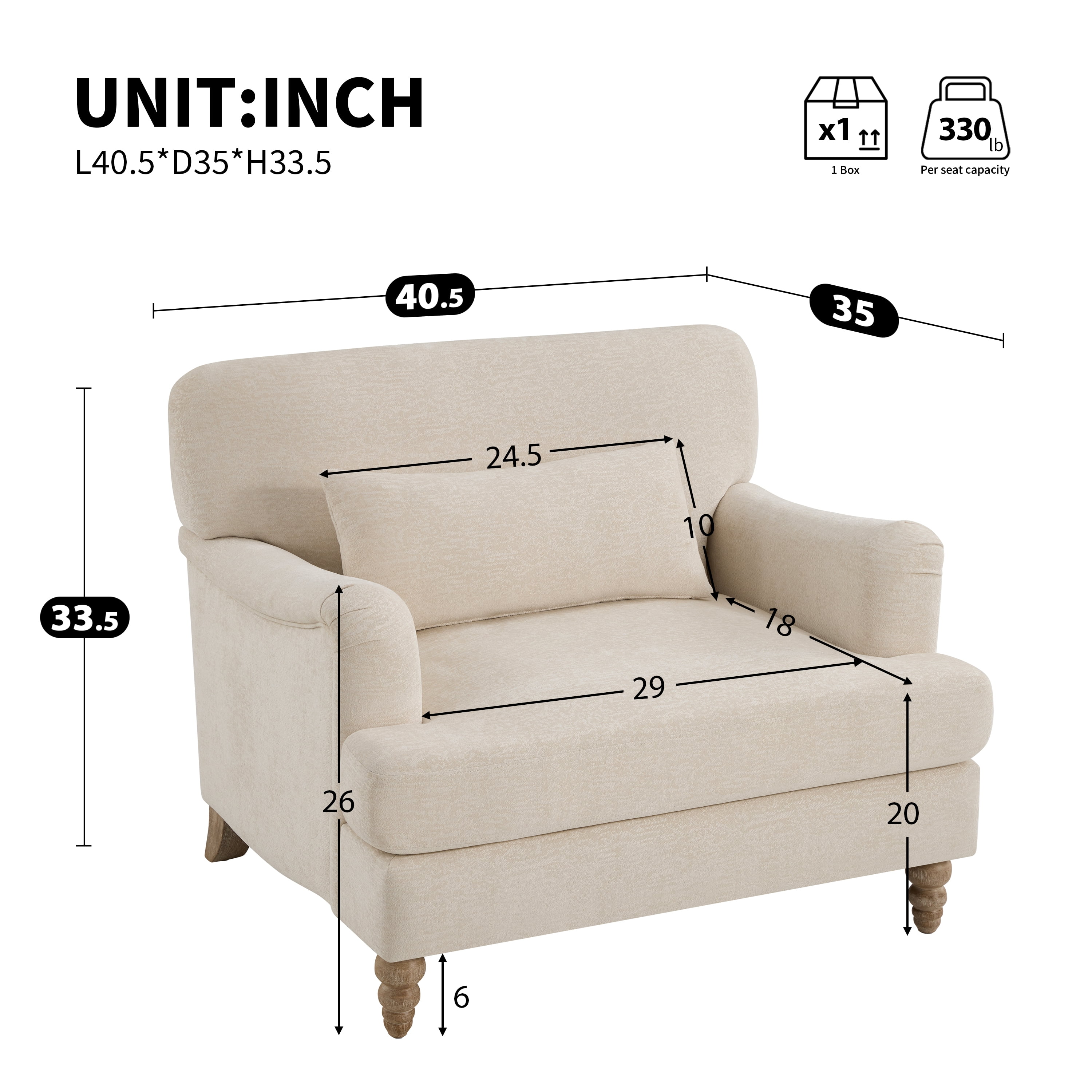 GARITIN Oversized Accent Chair 40.5 Inch, Modern Upholstered Armchair with Lumbar Pillow and Turned Wood Legs for Living Room, Beige