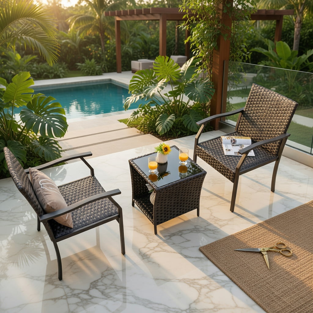 Hommoo 3-Piece All-Weather Wicker Patio Chair Set with Quick-Dry Foam Cushions & Tempered Glass Coffee Table, PE Rattan Outdoor Seating for Backyard, Poolside & Porch, Brown