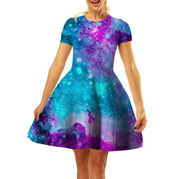 TJAZFJPA Silk Dresses for Women Ladies' Casual Starry Sky Digital Print A Line Short Sleeve T Shirt Dress Swing Skirt Swing Skirt Long Beach Dress Velvet Dress
