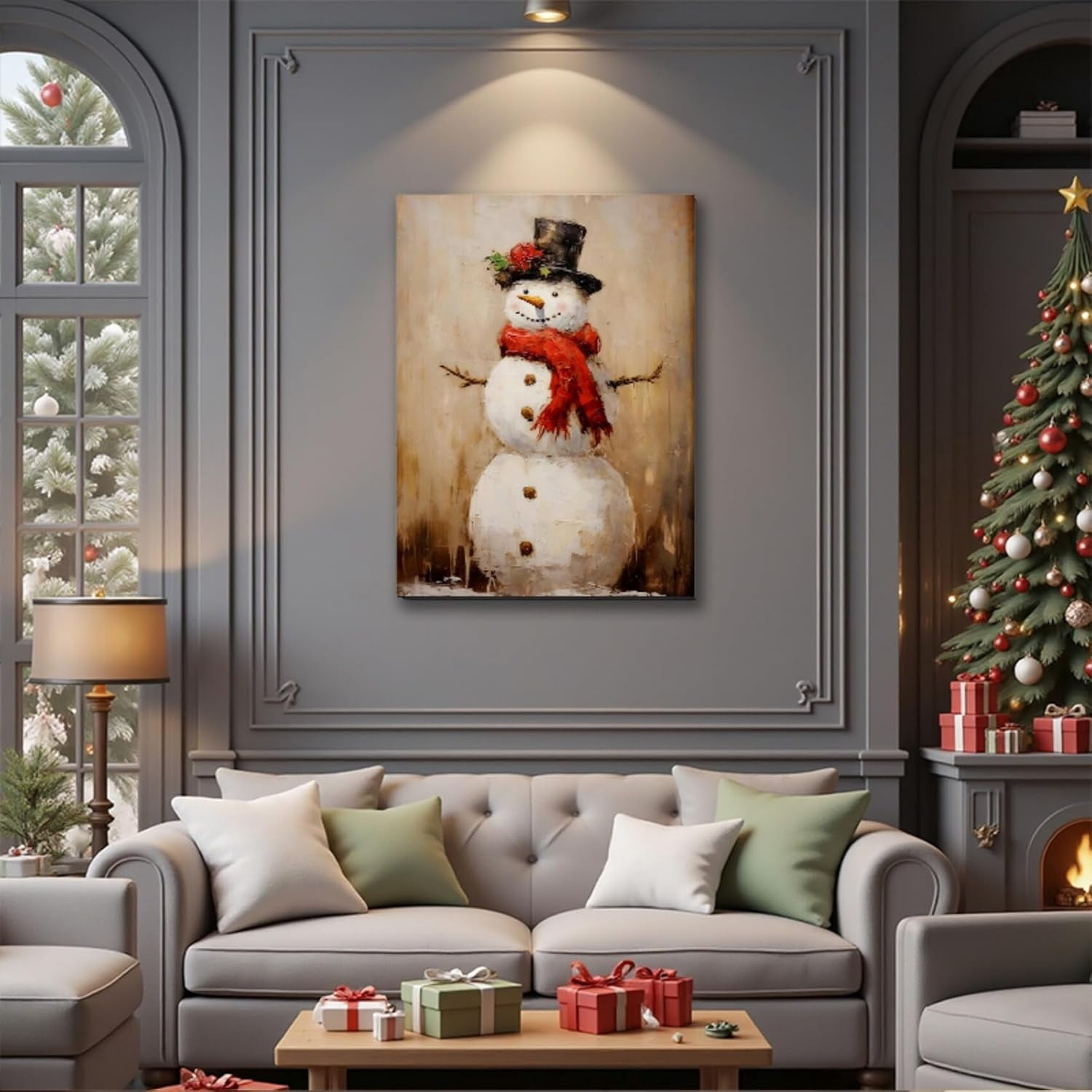 Rustic Snowman Christmas Wall Art, Framed Christmas Pictures for Bedroom & Bathroom Wall Decorations, Farmhouse Winter Scene Painting Canvas Prints for Living Room