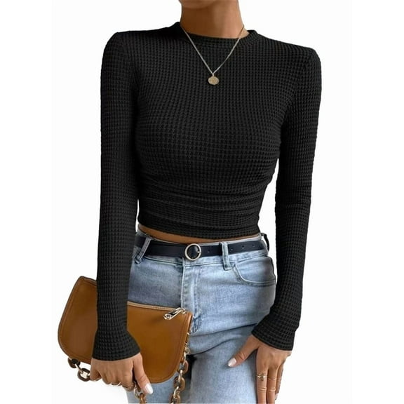 Women'S Waffle Knit Tops Long Sleeve Shirts Casual Slim Fitted Crew Neck Pullover Shirts Black L