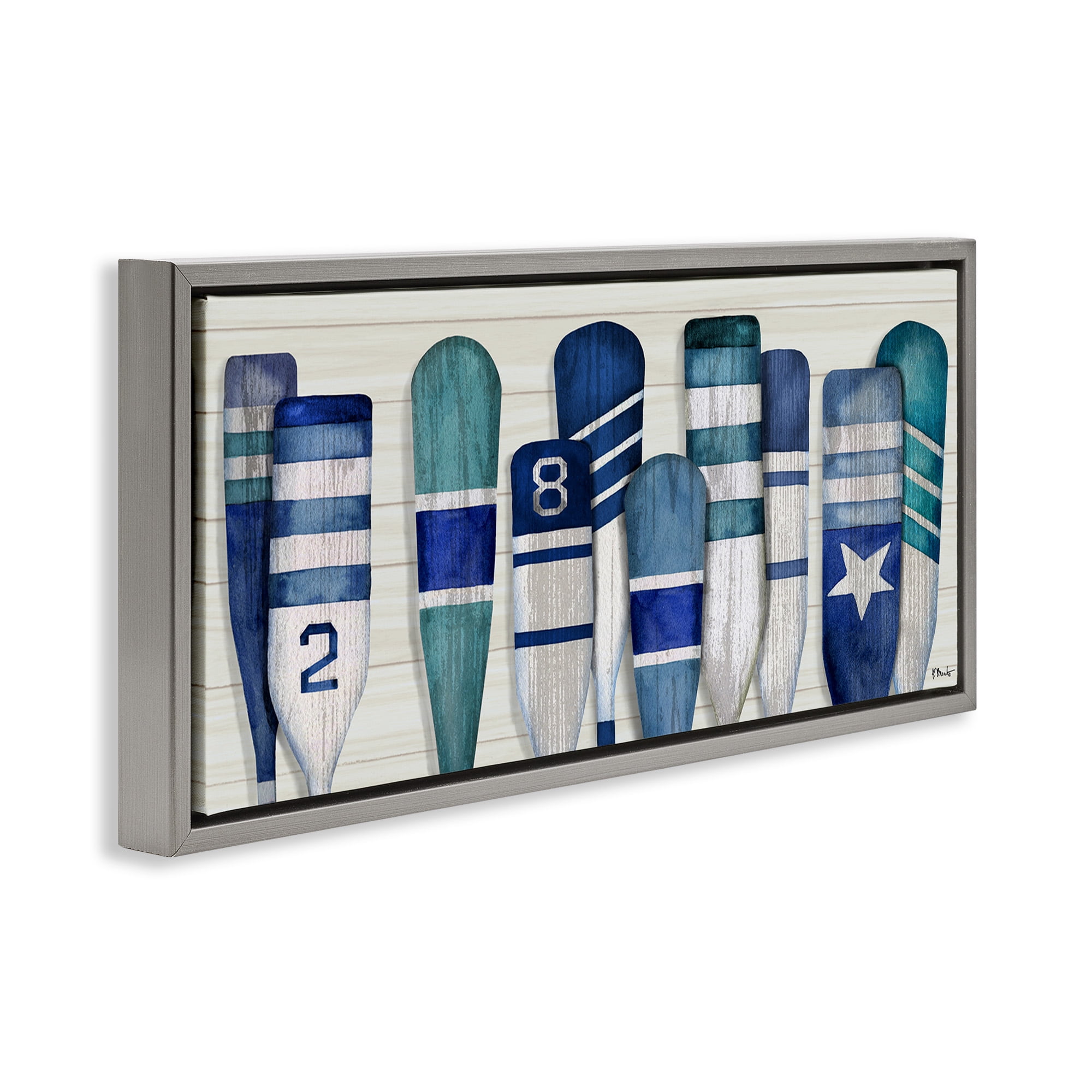 Stupell Industries Port Oars Nautical Blue Patterns Nature Painting Gray Floater Framed Canvas Art Print Wall Art, 25 x 11