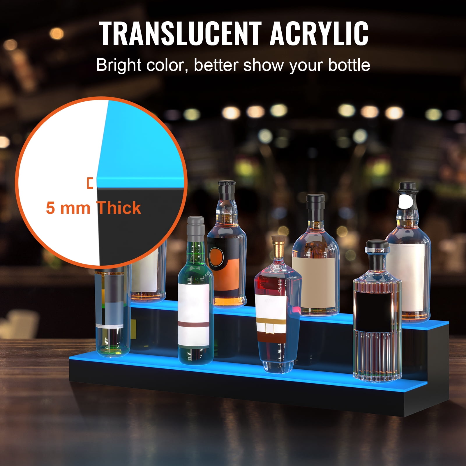 KFFKFF Illuminated Beverage Display, Dual-Level 30 Inch Professional Home Bar Counter, Two-Tiered Whiskey Holder Stand, Acrylic Beverage Racks with RF Remote & App Management, and Color Illumination