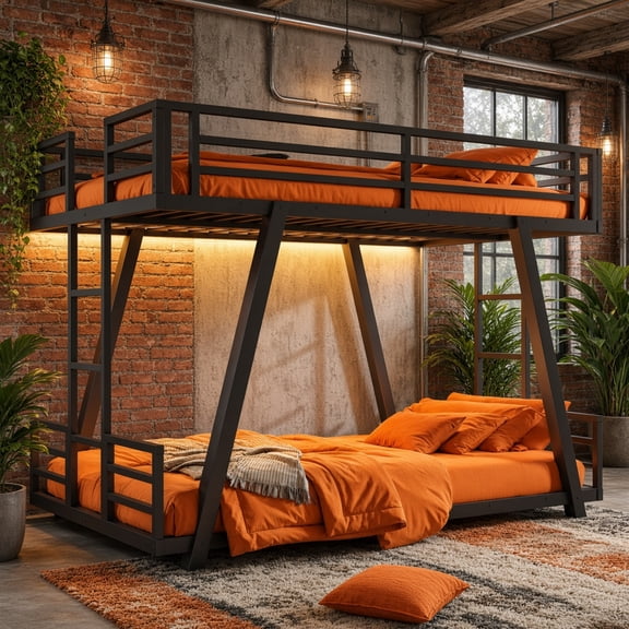 Twin over Twin Bunk Bed with 2 Side Ladders, Metal Frame, LED Light, Low Profile, Space-Saving, Black