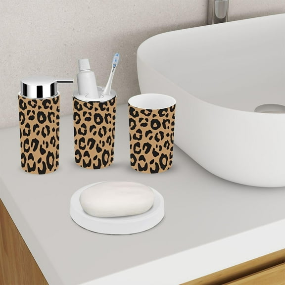 6 Piece Bathroom Accessory Set Leopard Fur Print Modern Panther Toothbrush Holder, Soap Dispenser, Trash Can for Countertop
