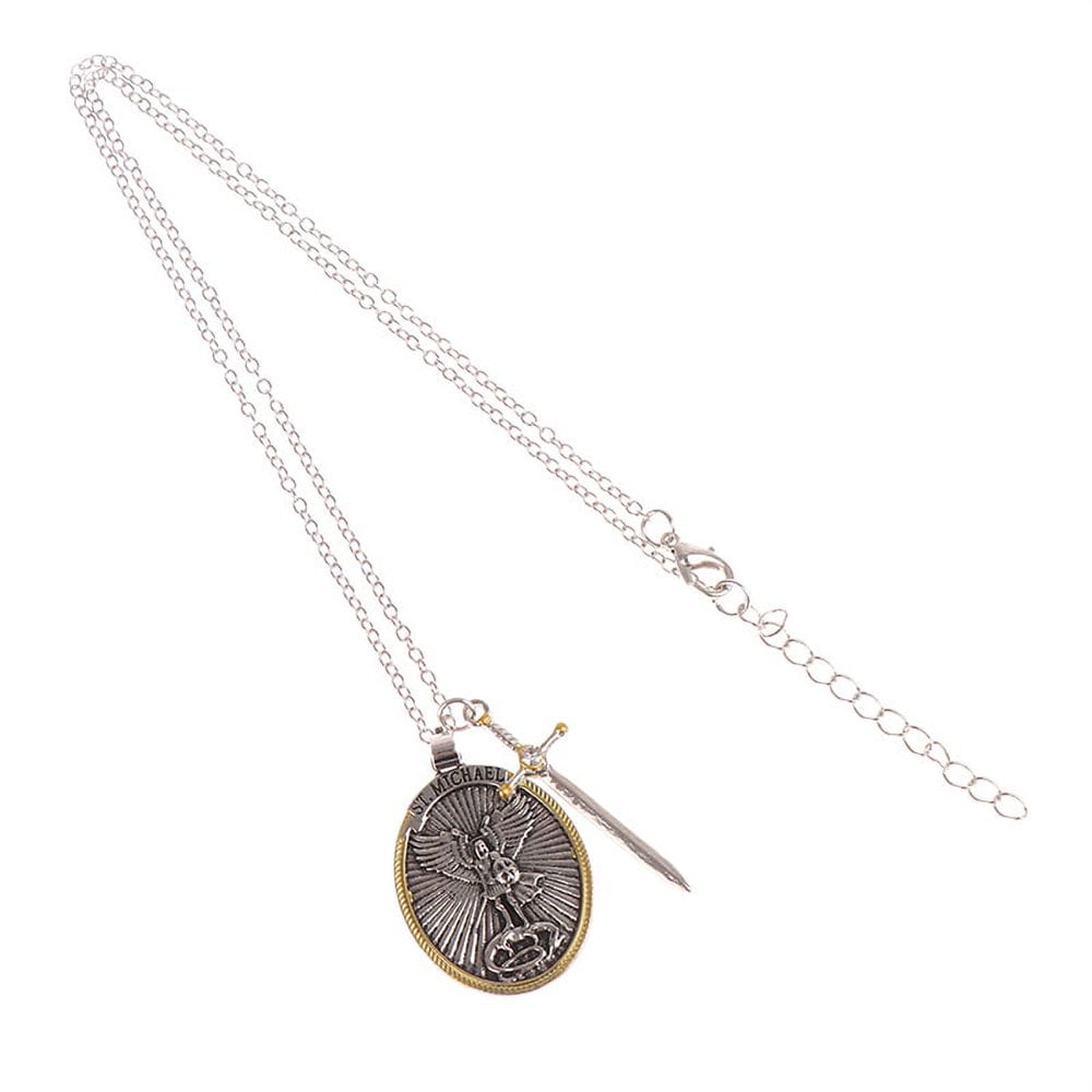 【SAINTMICHAEL】6PANEL LACERATING Saint St Michael Pendant Necklace, Oval Silver-Gold, Sword