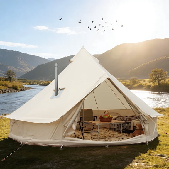 Luxury Oxford Fabric Bell Tent, Yurt Canvas Tent with Stove Jack, 8 Person Family 4 Season Camping, 5M