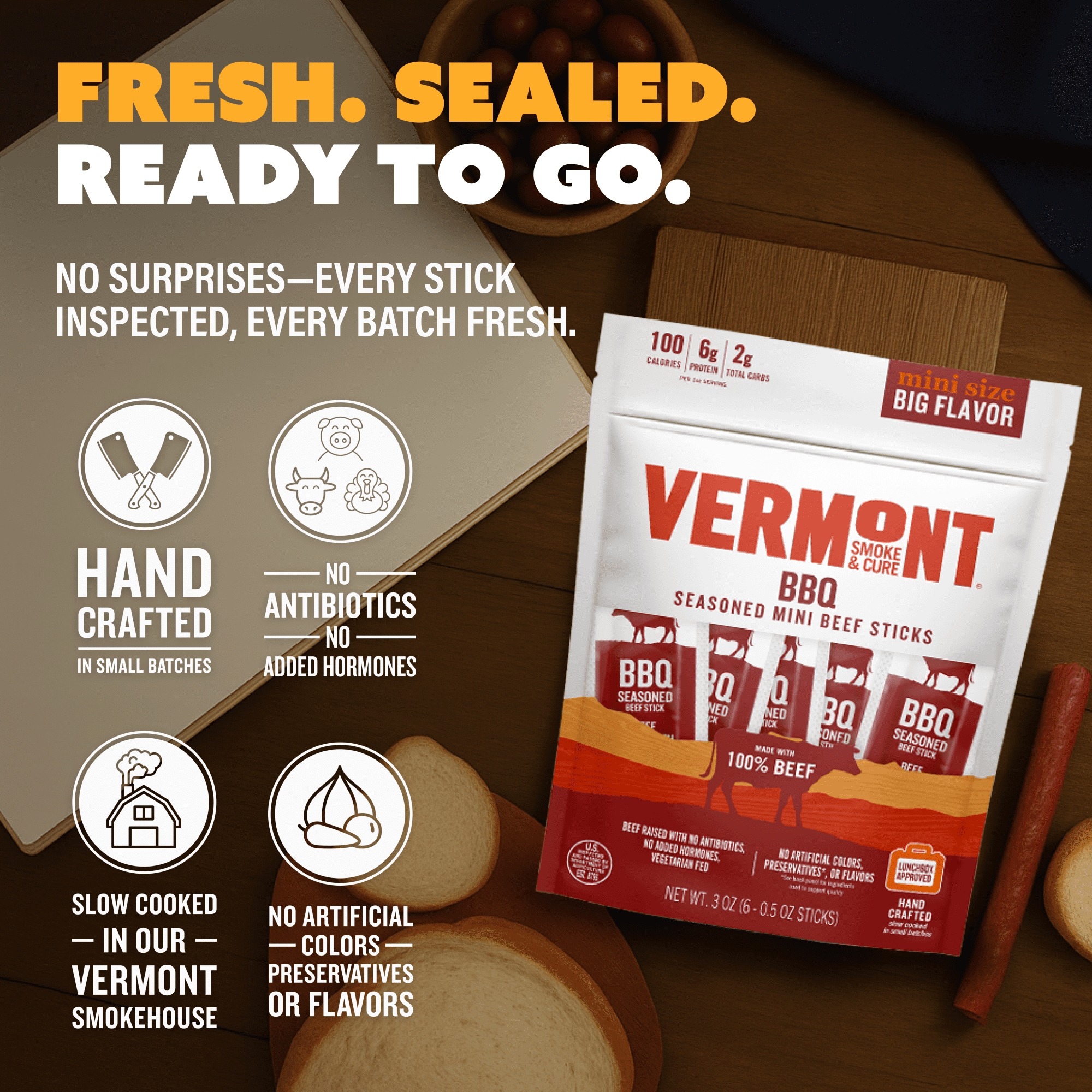 Vermont Smoke & Cure BBQ Seasoned Beef Sticks 1 oz Individually Wrapped Premium Protein Snacks 24 Ct